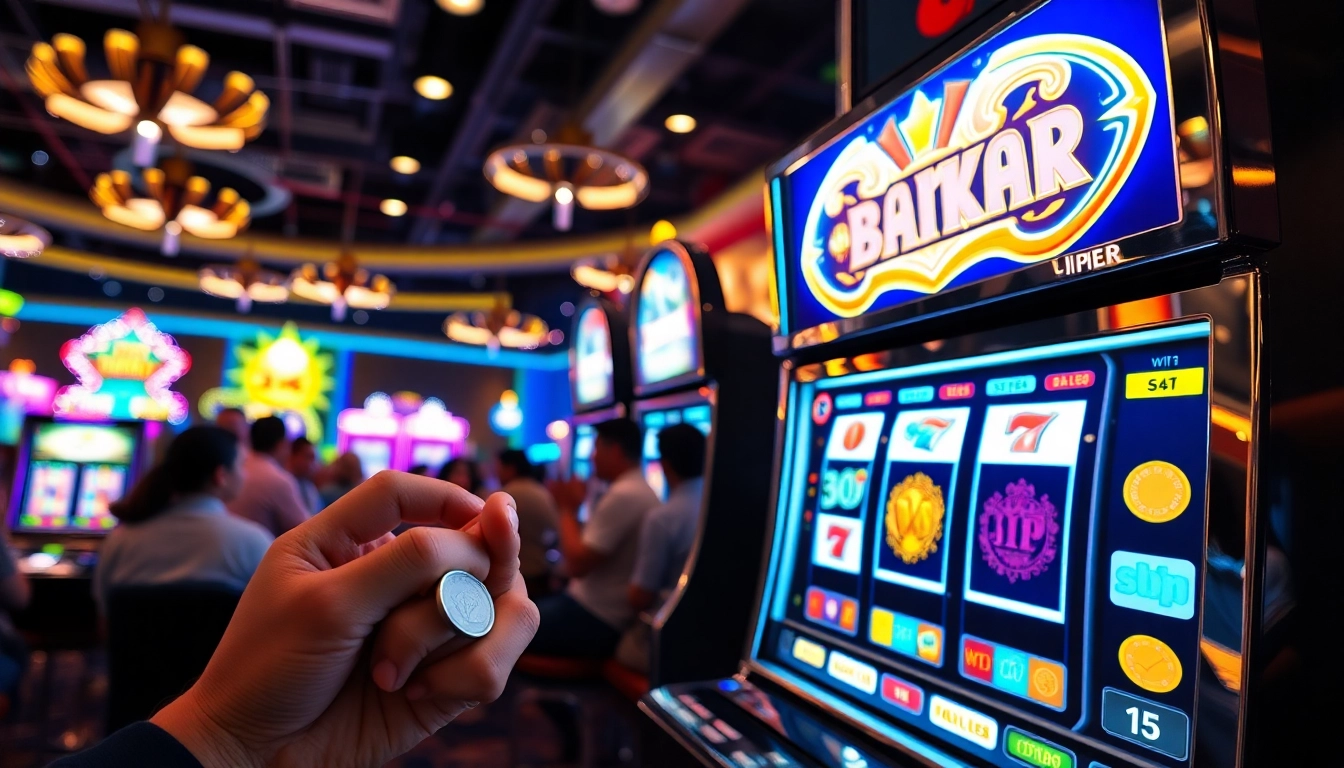 Menampilkan bandar slot yang menarik dengan pemain bersemangat di kasino.