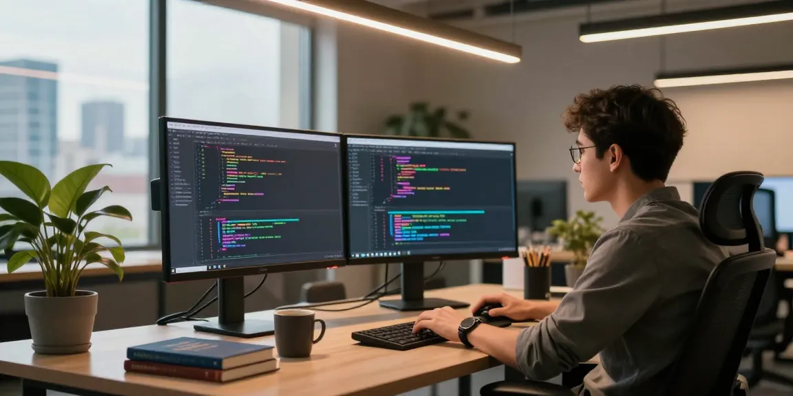 Developer coding at a modern workspace with multiple screens showcasing the 纸飞机中文版官网 software interface.