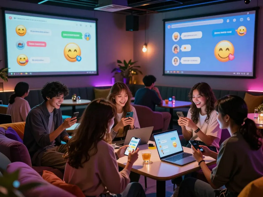 A vibrant lounge scene showcasing spicy chat interactions among friends with colorful ambient lighting and modern tech.