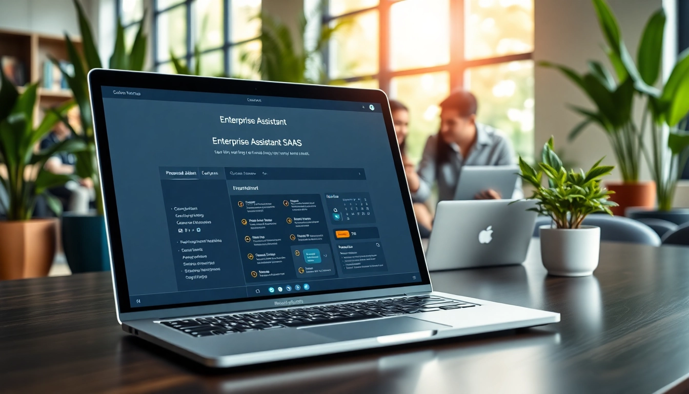 Engaging scene illustrating an enterprise assistant SaaS in a collaborative office environment, emphasizing productivity.