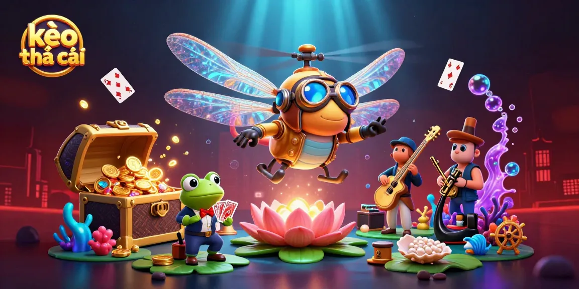 Experience kèo nhà cái excitement with the animated dragonfly pilot at the lily pad casino in this vibrant 3D scene.