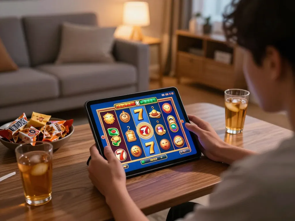 Player enjoying a thrilling experience with slot 777 games on a tablet in a cozy home setting