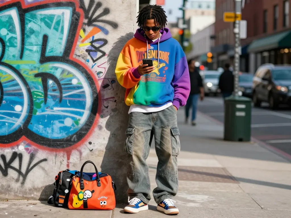 Fashionable individual in 레플리카 streetwear outfit checking smartphone in urban setting.