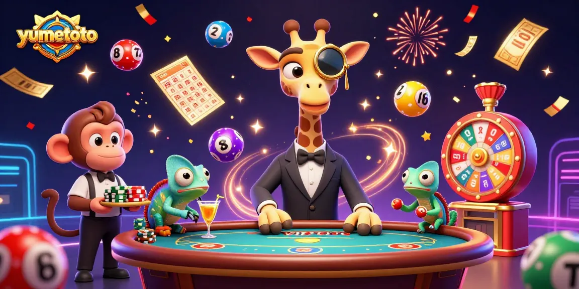 Menangkan hadiah menarik di yumetoto dengan bola lotere berwarna-warni dan suasana kasino yang meriah.