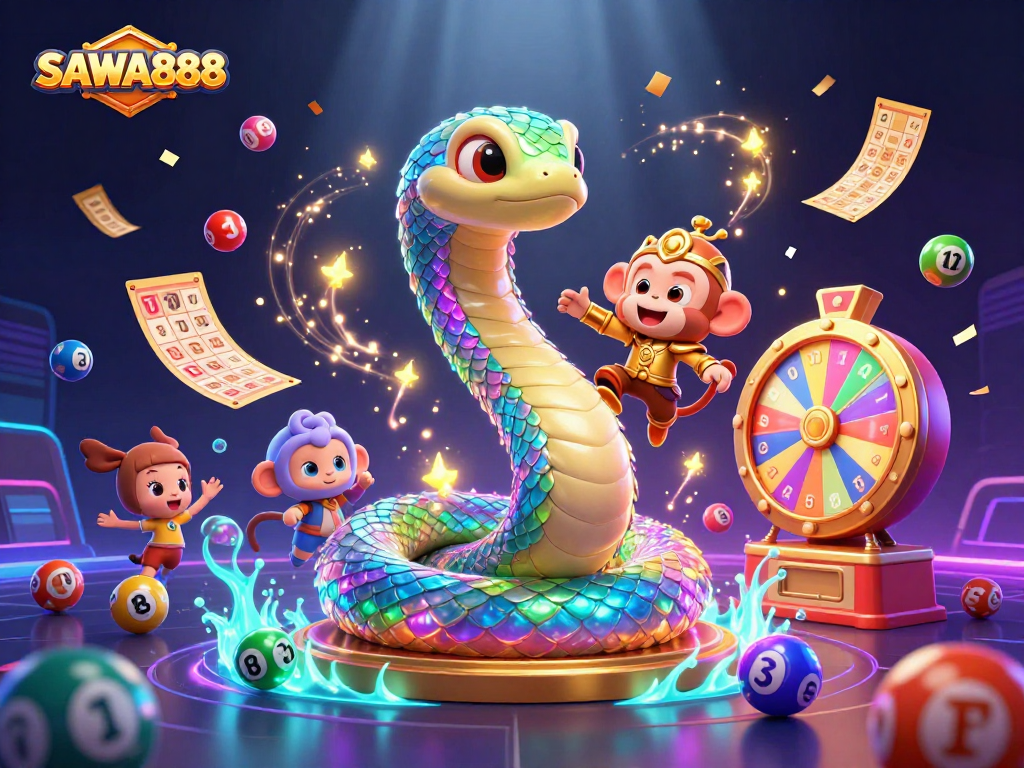 Experience the thrill of SAWA888 with vibrant lottery elements and dynamic characters.