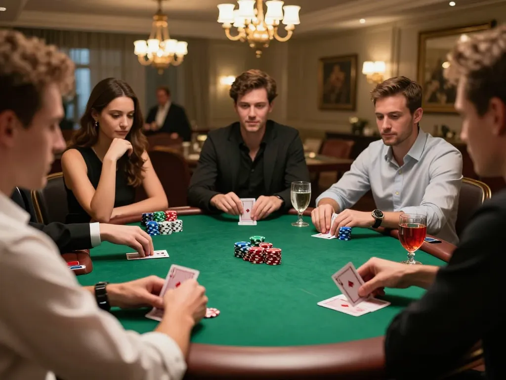 Poker enthusiasts playing a strategic match showcasing vipwin atmosphere with bright poker chips in view.