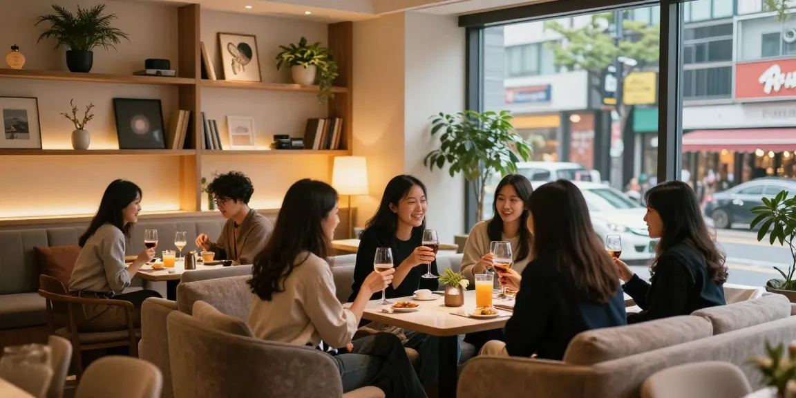 강남쩜오 멀리건 아늑한 분위기의 라운지 내부, 편안한 소파와 따뜻한 조명으로 아늑한 사회적 환경을 제공하는 모습
