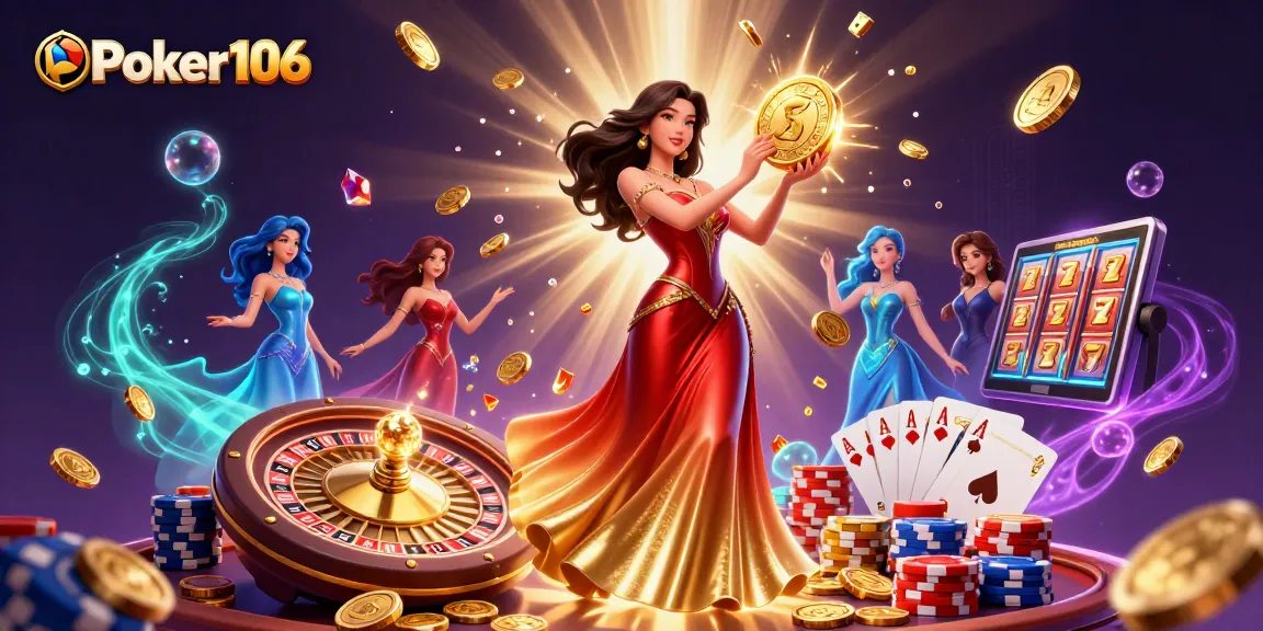 Experience thrilling gameplay at Poker106 with vibrant casino elements scattered around an enchanting scene.