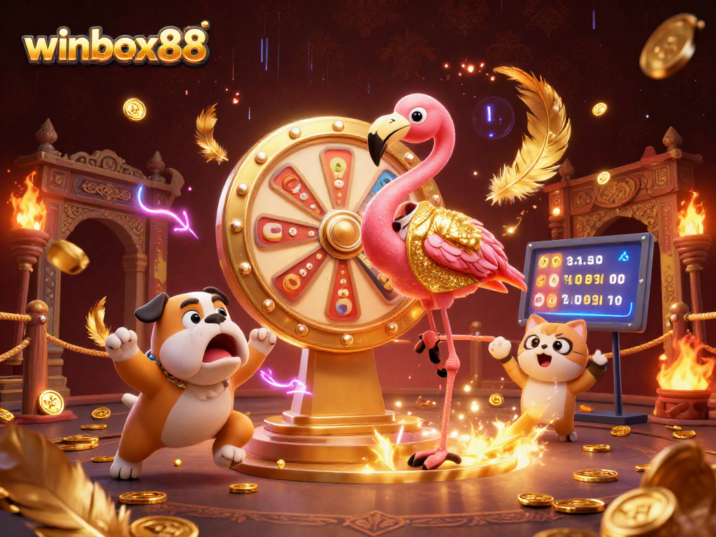Winbox88 game show scene with a flamingo, bulldog, and cat amid vibrant casino elements.