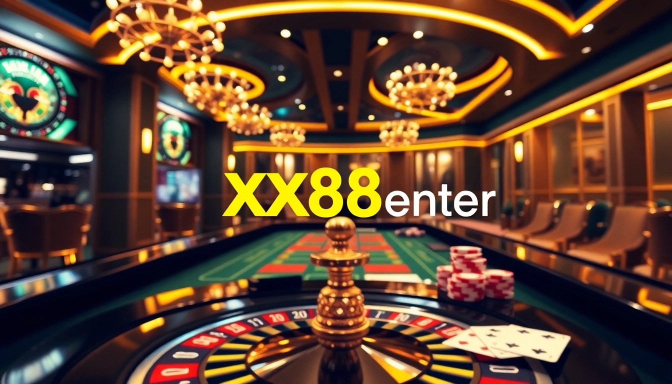 Exciting gaming experience at xx88center with roulette wheel, poker chips, and cards.