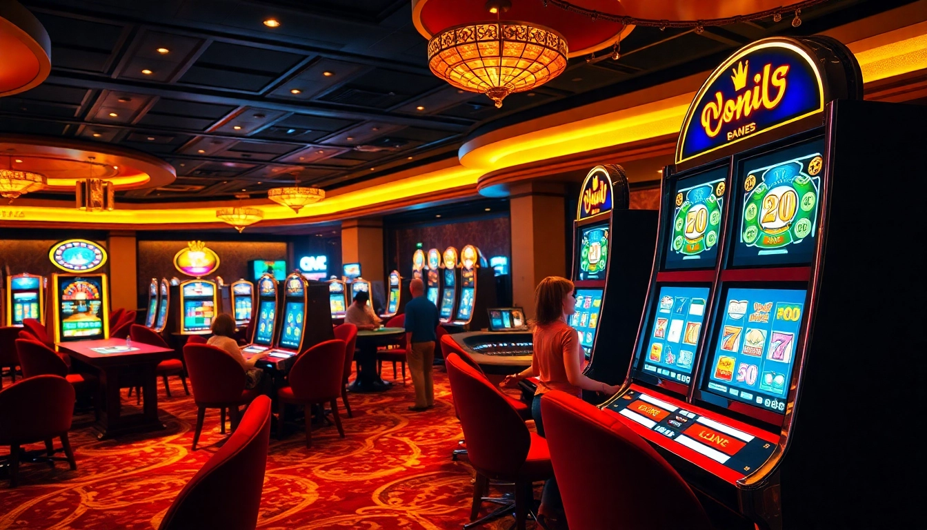 Players engaging with vibrant slot machines in a luxurious casino atmosphere.