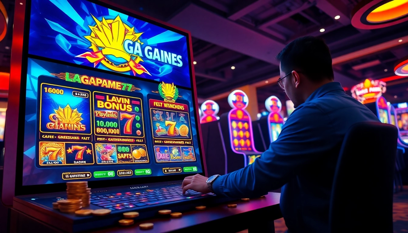 LAGAGAME77 gaming scene featuring vibrant digital slots and an inviting atmosphere