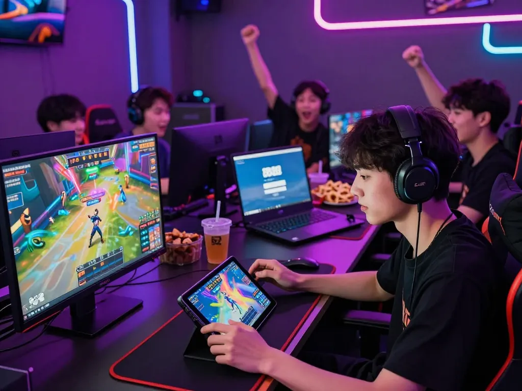 Players enjoying neon-themed games while accessing mantra88 login in vibrant arcade setting.