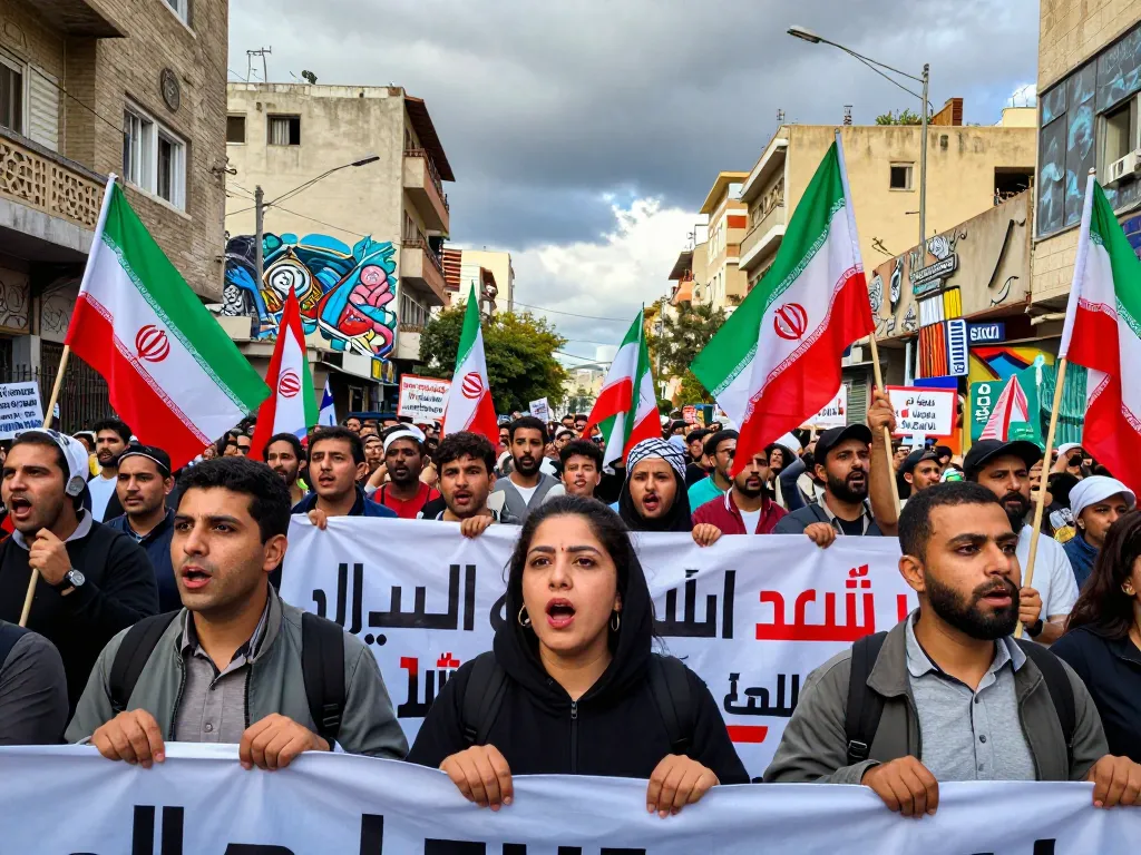 Scene capturing Iran protests 2026 with diverse protesters demonstrating unity and determination in an urban setting.