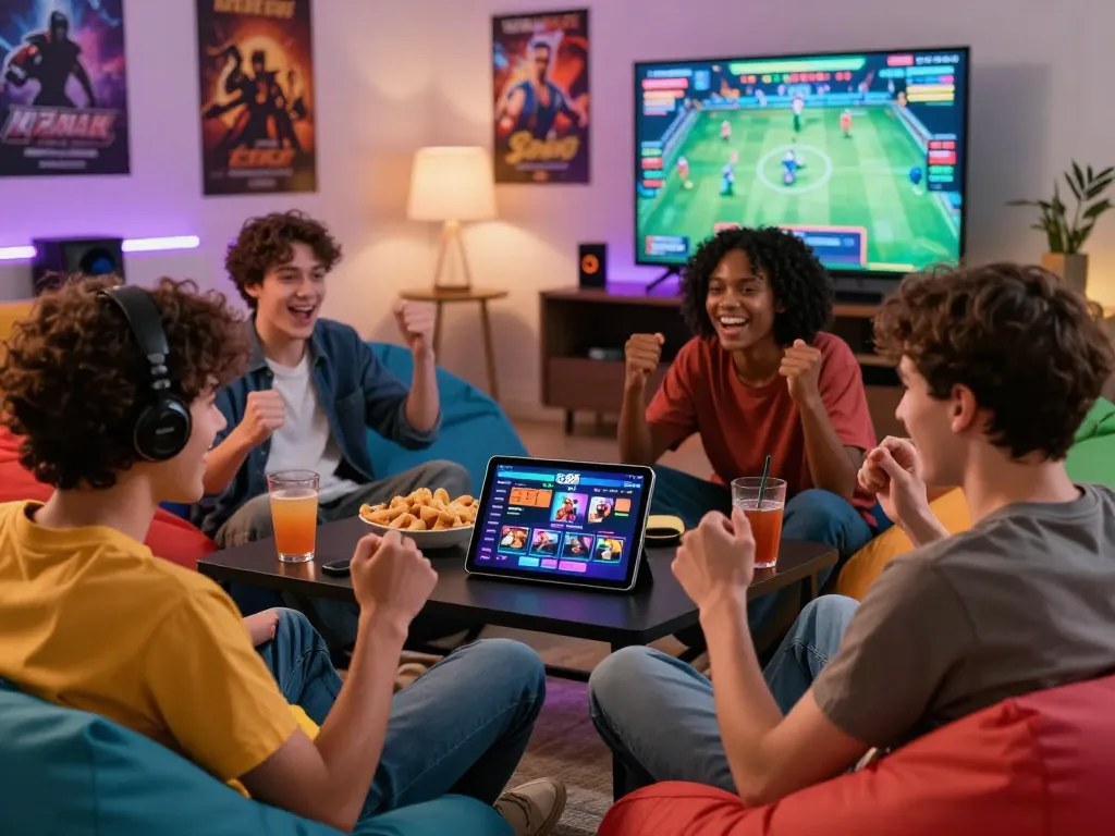 Young adults enjoying Go88 gaming experience on a tablet in a lively living room.