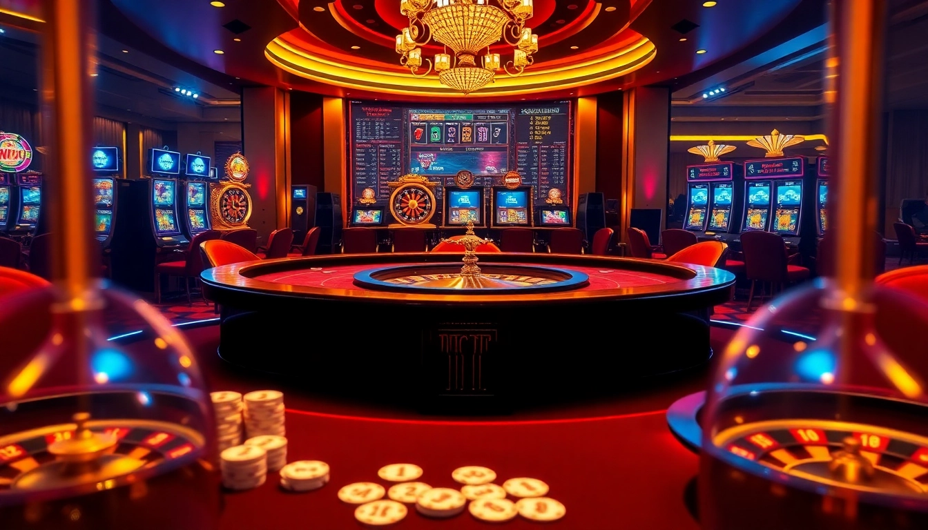 Action intense dans un casino en ligne vibrant, mettant en avant des jetons de poker et des roues de roulette.