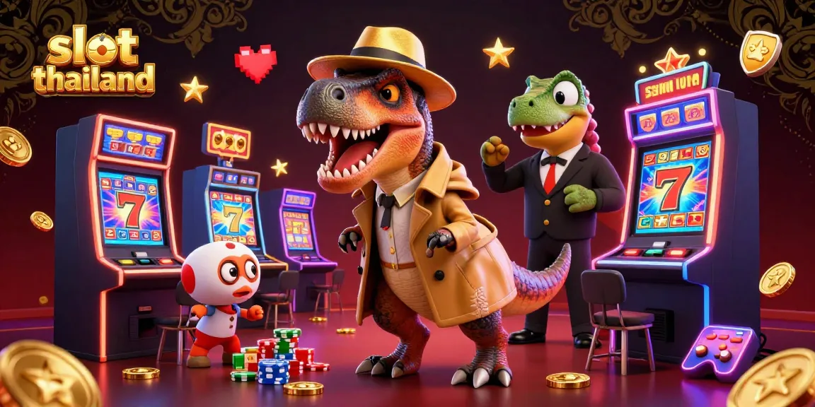 Spin the luck with slot thailand featuring a velociraptor at a slot machine in a fun casino scene.