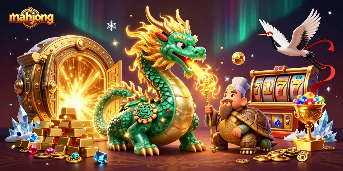 Play mahjong with magical characters amidst gold treasures and spinning slot reels.