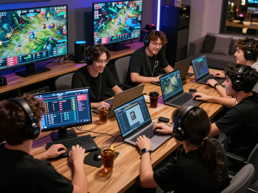 Active esports betting session featuring friends engaged with multiple screens, analyzing stats at 888now com