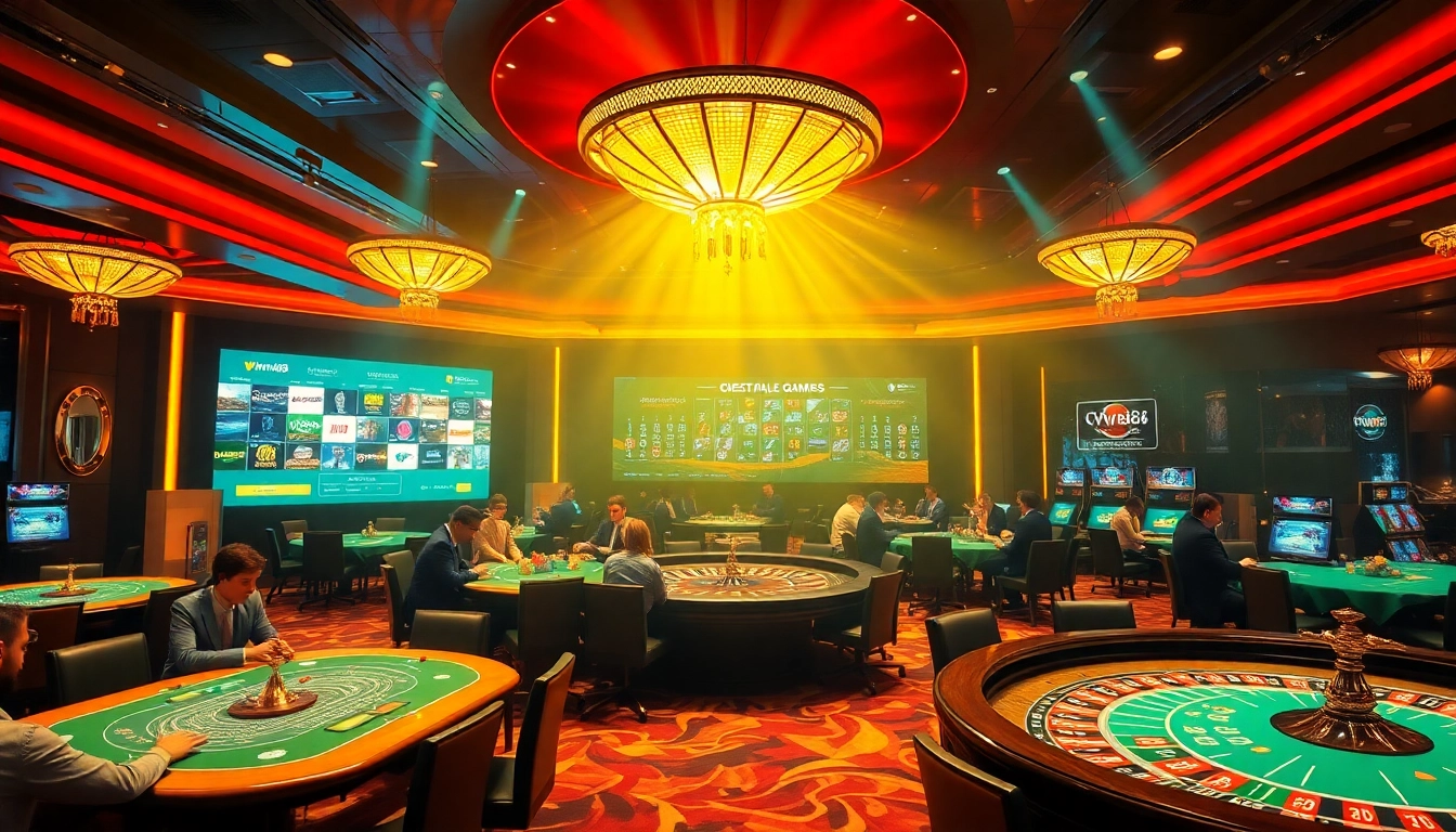 Players enjoying games at MV88 casino tables with a vibrant atmosphere.