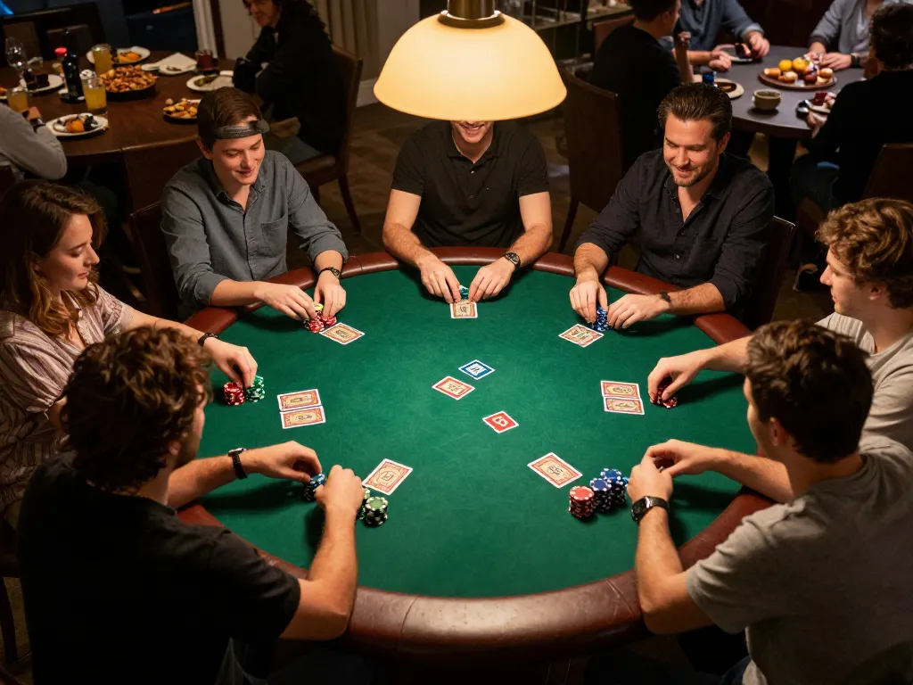 Rikvip lừa đảo: Engaging home poker game showing players' strategies and community interaction