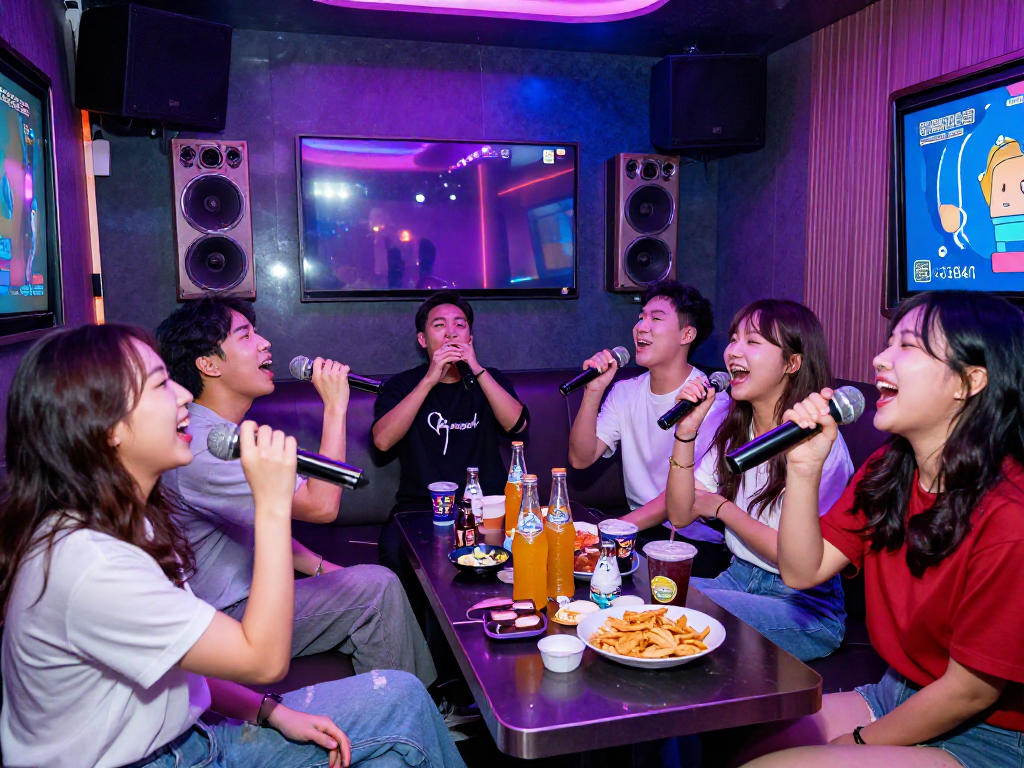 도파민 가라오케에서 즐겁게 노래하는 친구들, 현대적 음향 시스템과 분위기 조명으로 장식된 룸에서 흥겨운 파티 분위기 연출