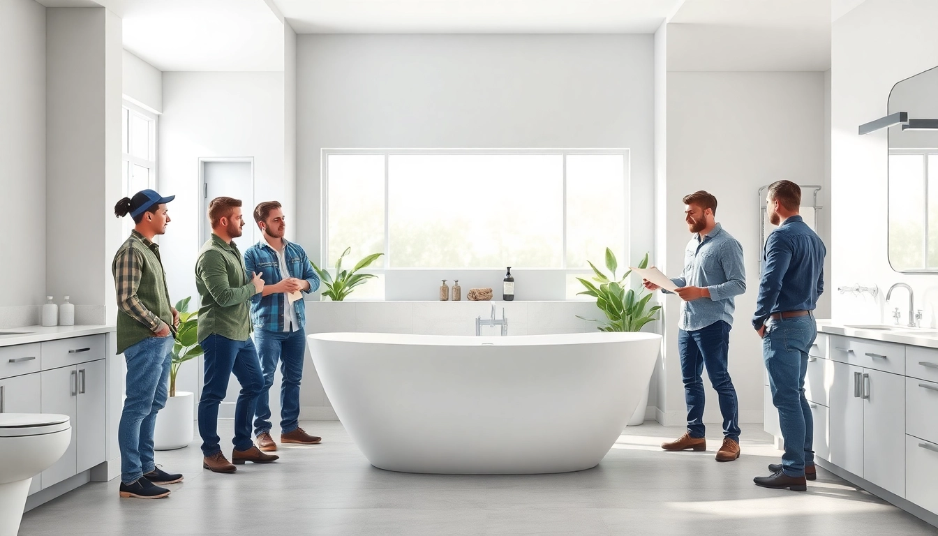 Skilled bathroom remodelers collaborating in a stylish bathroom remodel project.