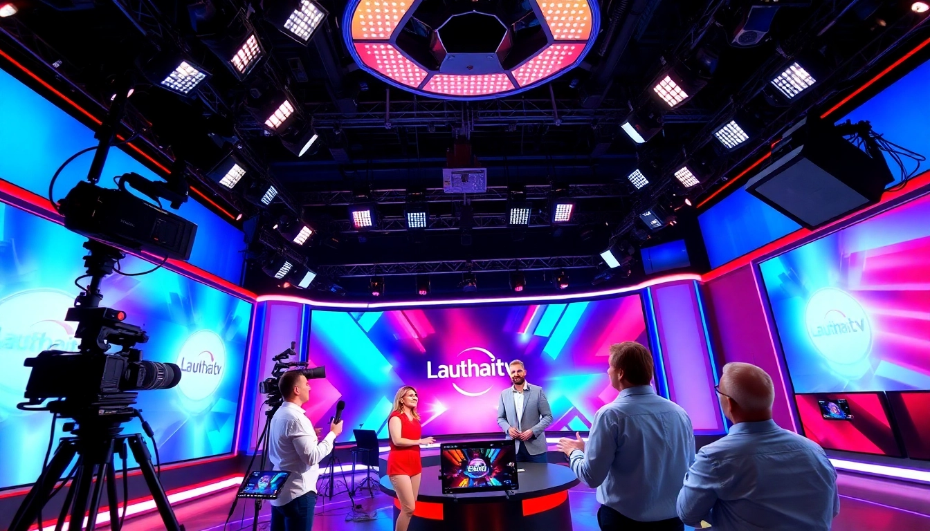 Lauthaitv dynamic studio with hosts and vibrant backdrop.