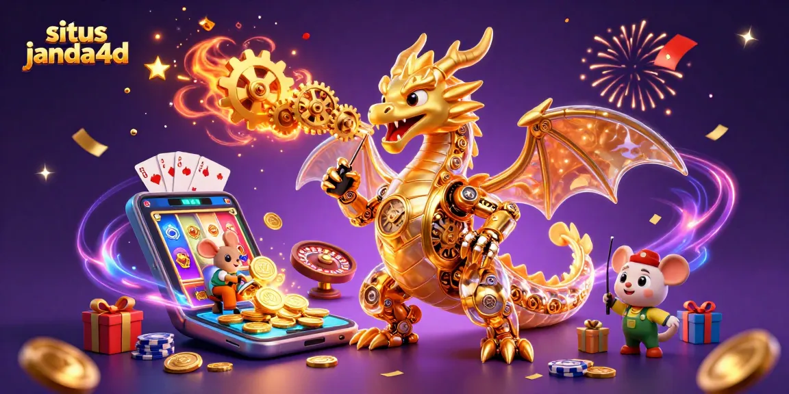 Situs janda4d menghadirkan dragon emas mekanik 3D dalam ilustrasi kasino yang memukau dan meriah.
