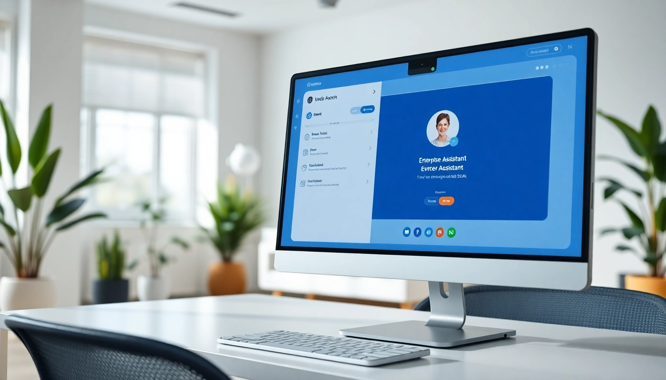 Engaging interface of an enterprise assistant saas in a professional workspace with modern decor.