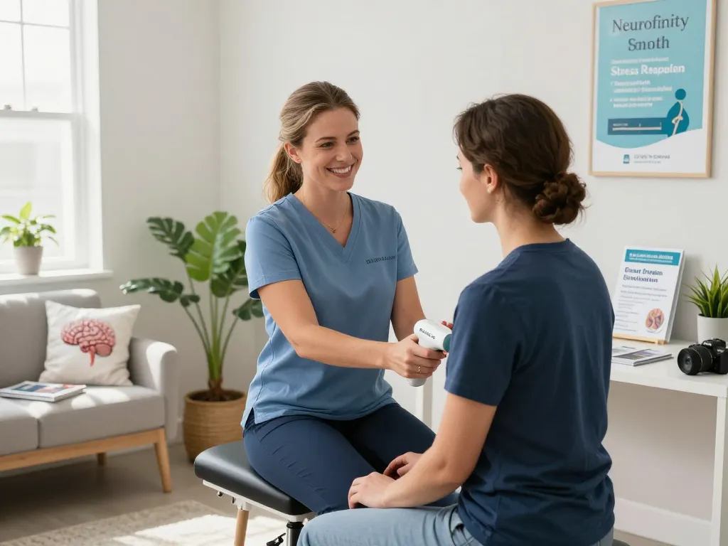 Patient receiving brain-based chiropractic care at synapticdc.com with Dr. Andrea Smith in a bright, inviting office.