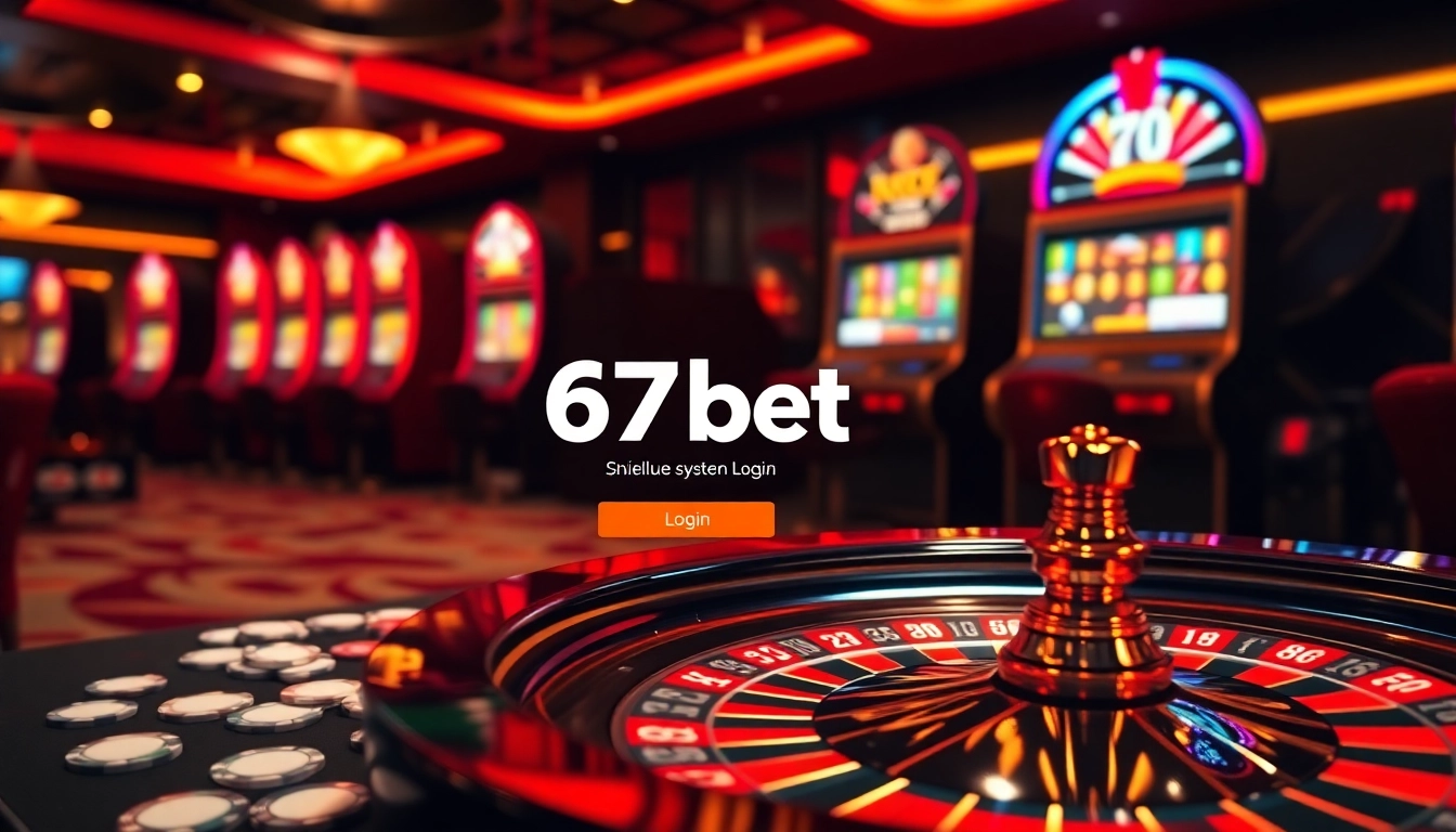 Experience the excitement of 67bet Login with a vibrant casino scene showcasing poker chips and a roulette wheel.