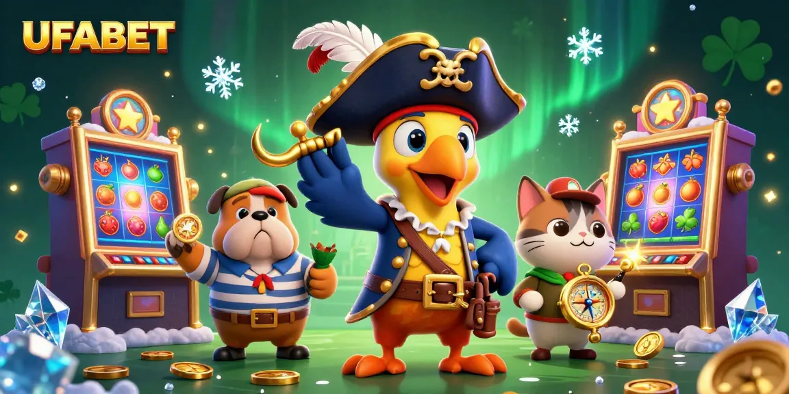 UFABET slots scene featuring pirate captain and friends gaming amidst vibrant slot machines and gold coins.