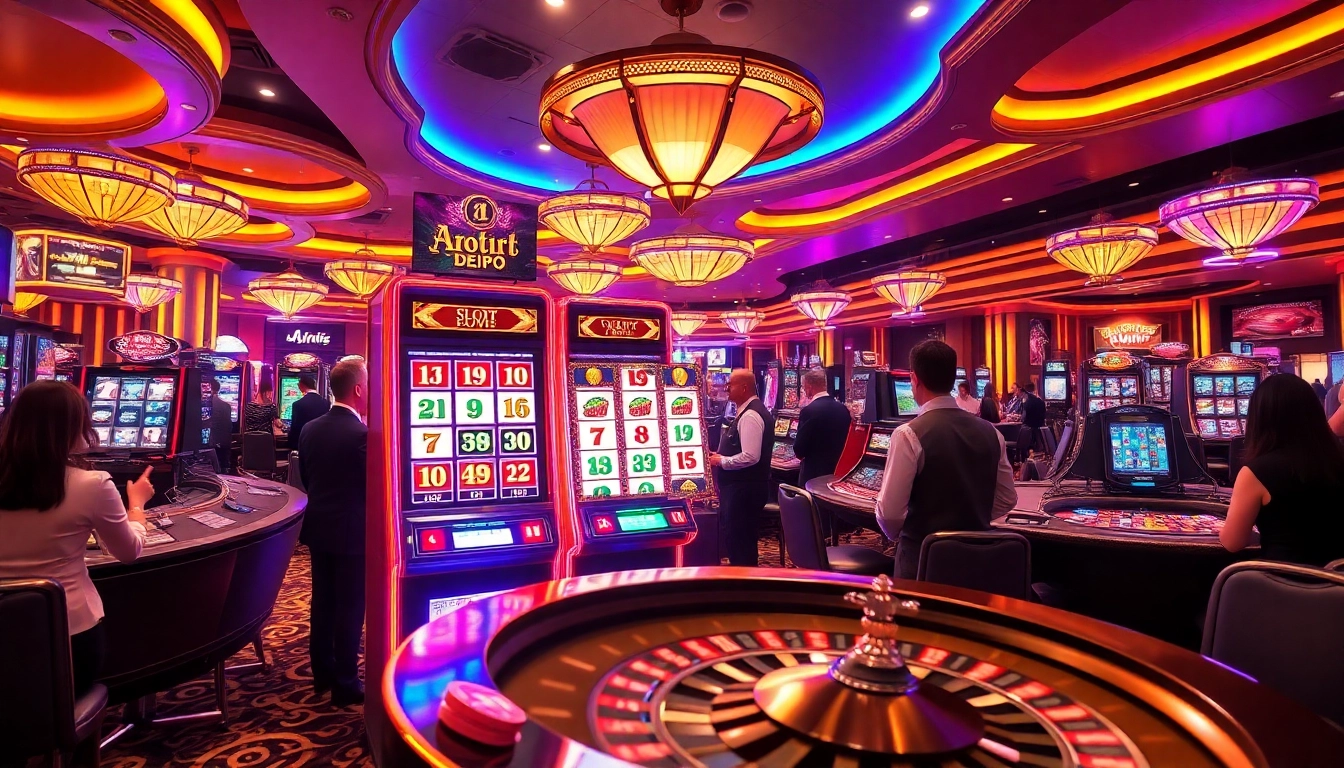 Players enjoying the thrill of slot depo 1k machines in a vibrant casino scene.
