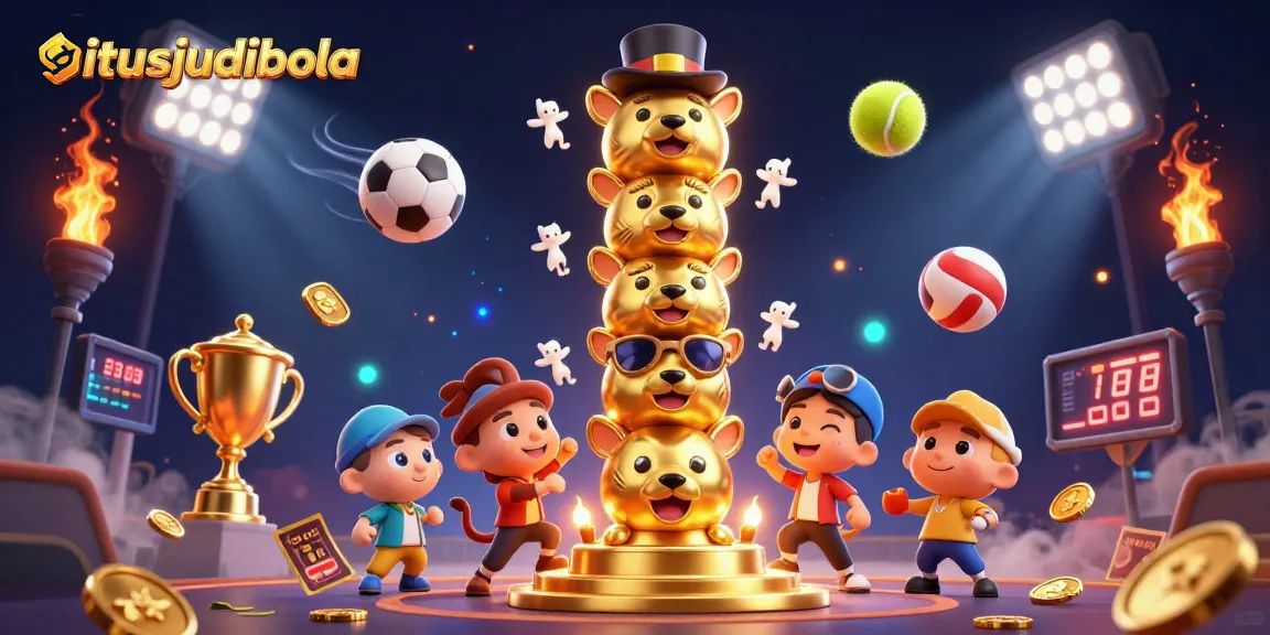 Place bets on situsjudibola with the vibrant scene of sports balls and glowing trophies showcasing thrilling gameplay.