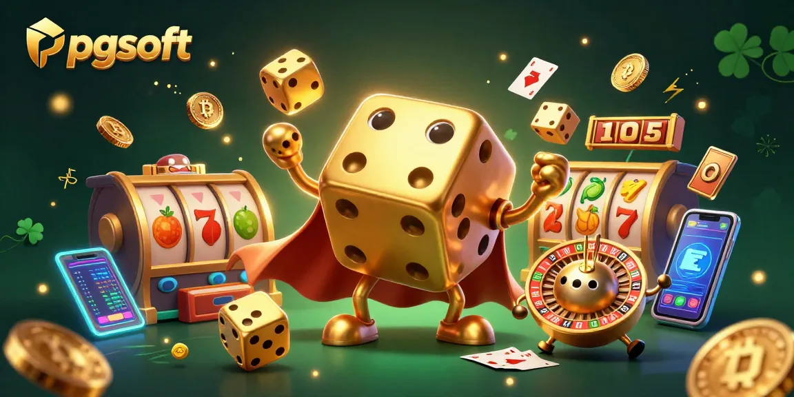 Experience thrilling pg soft slots with a dynamic scene of golden dice, vibrant coins, and exciting game elements.