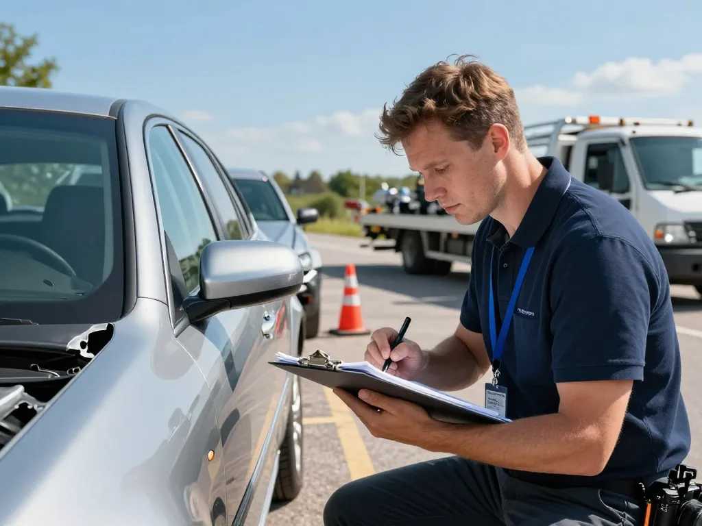 Kfz Gutachter inspiziert Fahrzeugschäden mit einem Clipboard im Freien nach einem Unfall