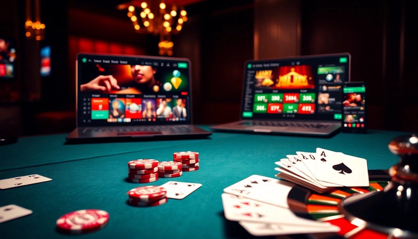 Environnement excitant de casino en ligne présentant des jetons de poker, des cartes et une interface de jeu en ligne.