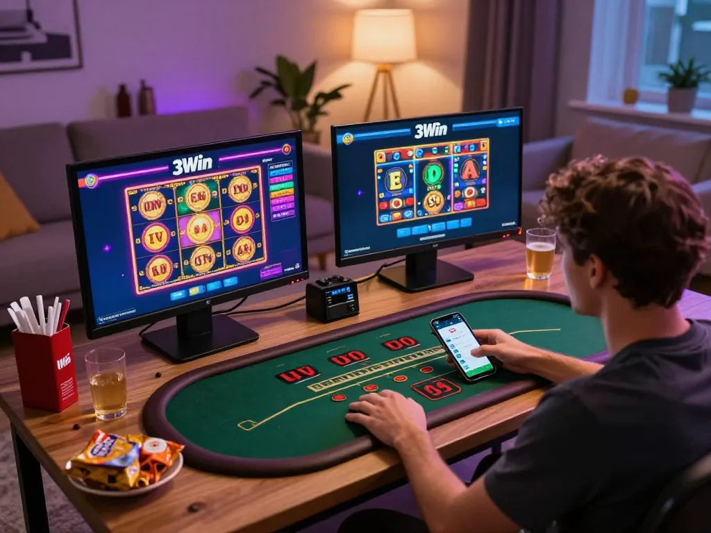 Player engaging with multiple 3Win gaming devices in a cozy home setting