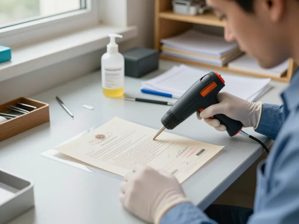 Cách bóc giấy ép plastic không rách giấy by a professional technician using specialized tools in a clean workspace.