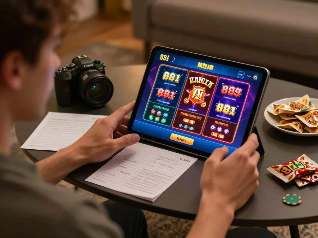 Engaging with the 88i casino app, a player plans their strategy for online gambling.
