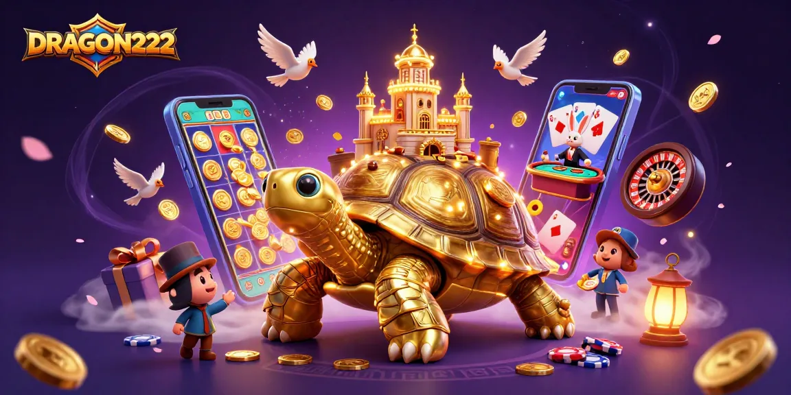 Experience the vibrant action of DRAGON222 with golden tortoise and rabbit dealer in this magical casino scene.