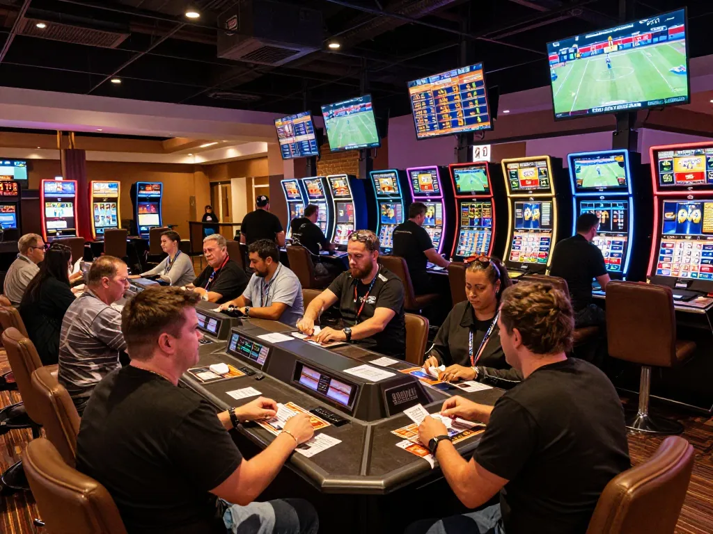 Excited sports enthusiasts placing bets at Cakhia TV sports betting area, vibrant atmosphere and multiple screens.