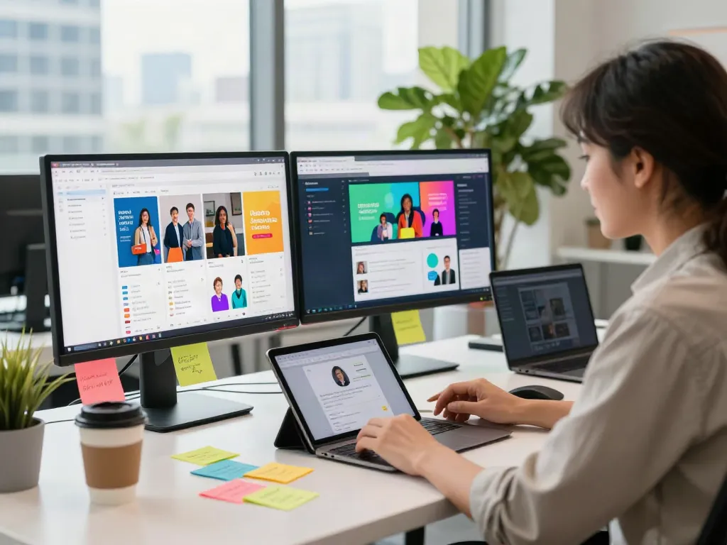 Djarumbos Link Alternatif marketing workspace with vibrant digital analytics and creative materials displayed.