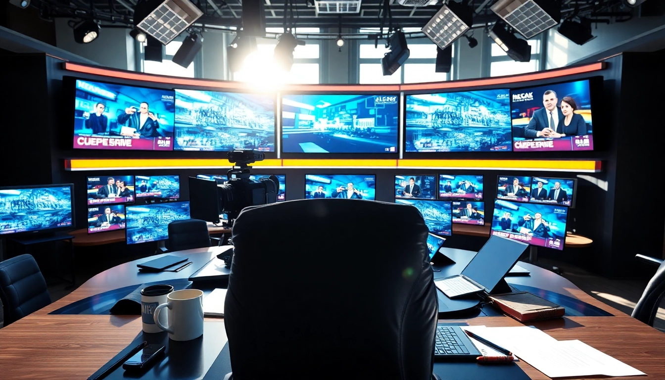 Capture exciting news broadcasting with a journalist in action amidst vibrant displays.