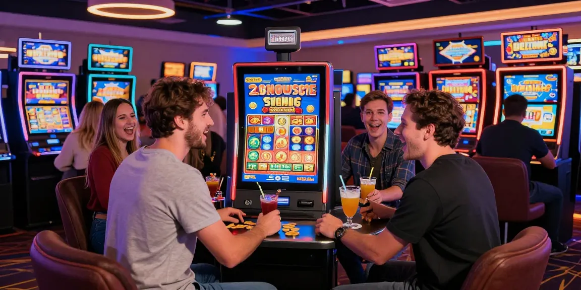 Players enjoying bonus buy slots in a vibrant casino atmosphere with colorful lights and excitement.