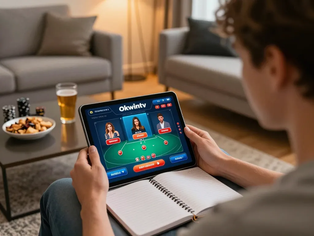 Engaging scene of Okwintv poker game on a tablet in a cozy home setting, highlighting online gambling excitement.