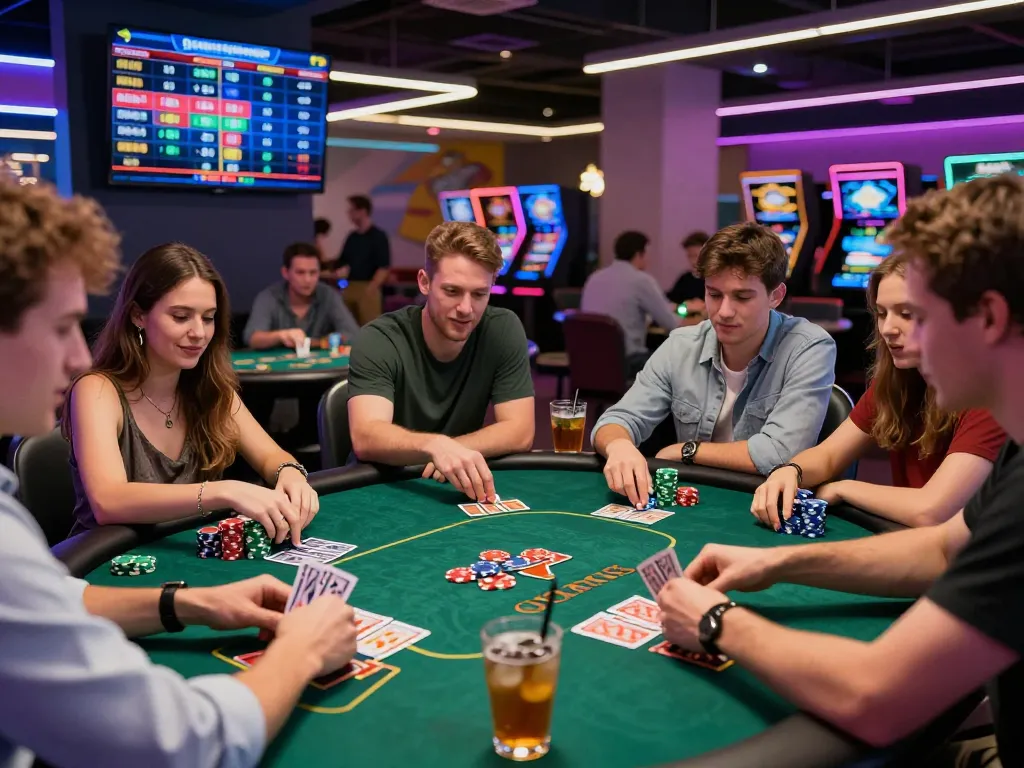 Exciting pokerseri gaming scene with friends at a poker table, showcasing vibrant colors and a lively atmosphere.