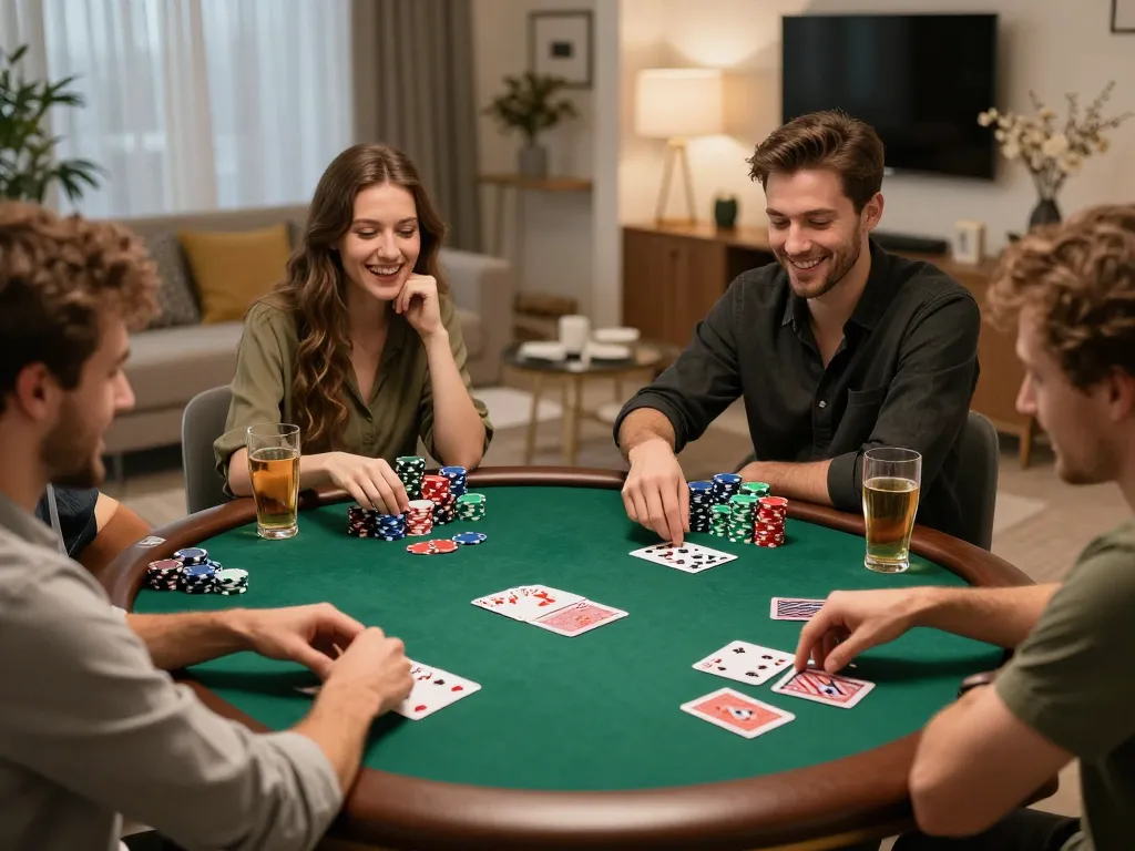 Friends enjoying a poker night at home, showcasing an engaging scene with atq com gaming elements.