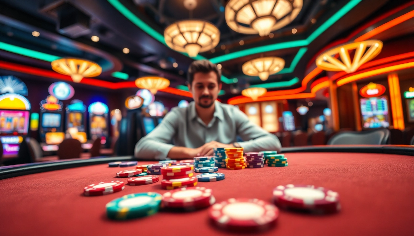 Interwin official Menangkan taruhan dengan chip berwarna di tabel poker kasino yang meriah.